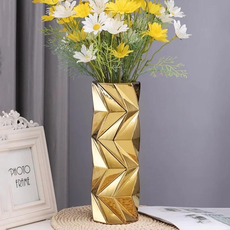 Gold Ceramic Vase Geometric Section Hydroponic Flower Apparatus Floral Arrangement Accessories Terrarium Home Decoration