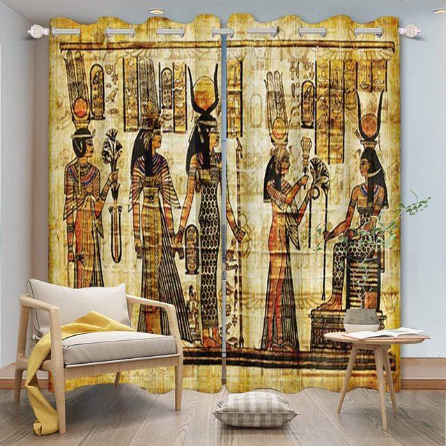 Египетские оконные шторы иероглифы на фресках в древнем египетском храме, затемненные занавески, винтажные шторы, домашний декор для спальни, 2 панели