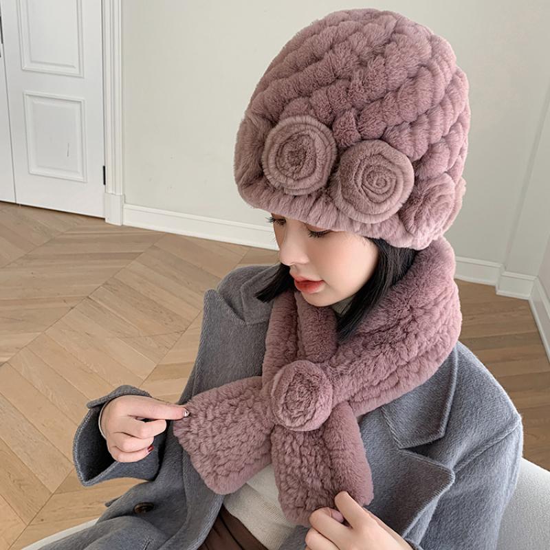 Winter Warm Scarf Hat Two-piece Set, Middle-aged and Elderly Temperament Rex Rabbit Fur Hat, Mother Flower Scarf