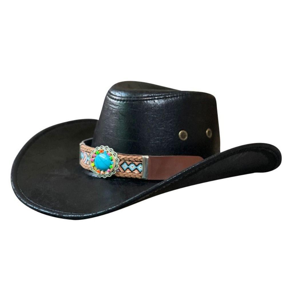 Drawstring Western Cowboy Hat PU Leather Fisherman Hat Elegant Summer Sun Hat Travel