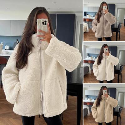 Женская флисовая куртка оверсайз на молнии со стойкой, пушистое шерпа-пальто с карманами, повседневная зимняя осенняя верхняя одежда