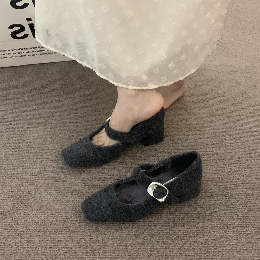 French High-end Dark Brown Thick Heel Retro Woolen Single Shoes Women's Shoes Autumn and Winter Middle Heel Commuting Evening Cotton Shoes