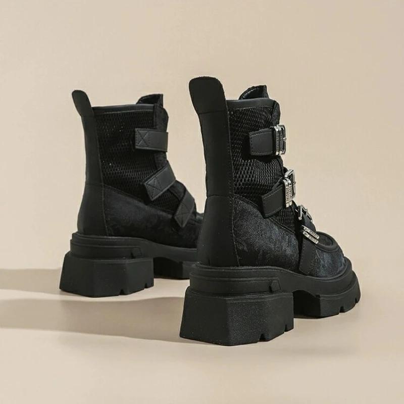 Модные удобные сапоги на толстой подошве высотой 6 см для женщин, лето 2024, новые сетчатые дышащие короткие сапоги, повседневные сапоги с толстым каблуком и сеткой