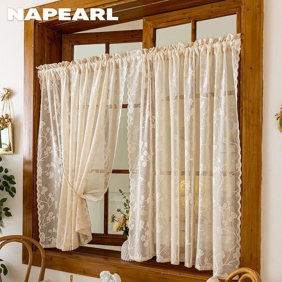 1PC NAPEARL French Rococo Style Sheer Curtain Pastoral Style Lace Half Curtain Door Curtain for Living Room Kitchen Cupboard Window Home Decor