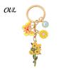 Pastoral Style Keychain Pendant with Round Imitation Pearls, Flower Butterfly Enamel Charm Decorative Key Ring, Layered Holder Zinc Alloy