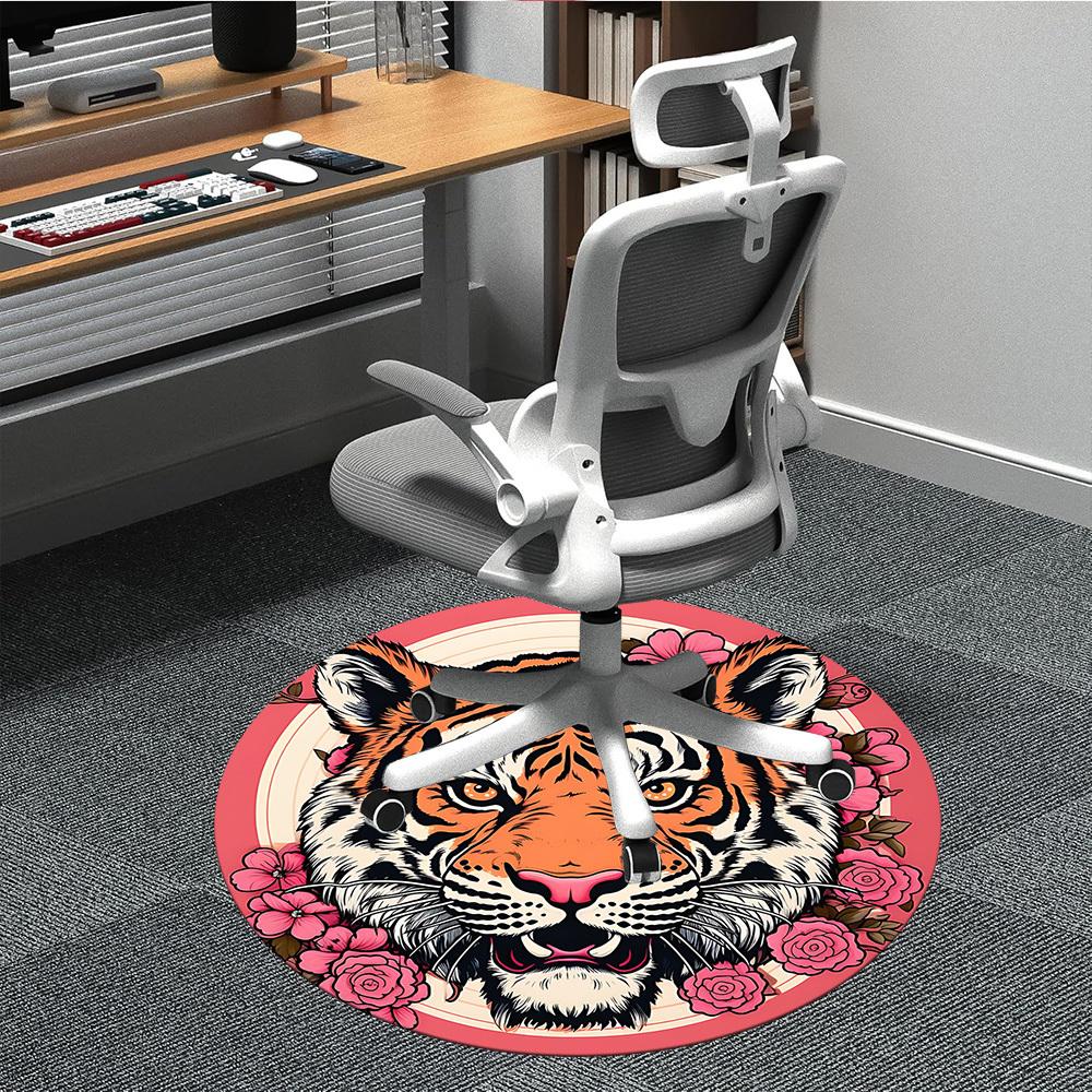1pc Tiger Flowers Office Round Area Rug, Indoor Mat Suitable For Office, Under Office Chairs Bedroom Living Room Home Decor, Room Deco