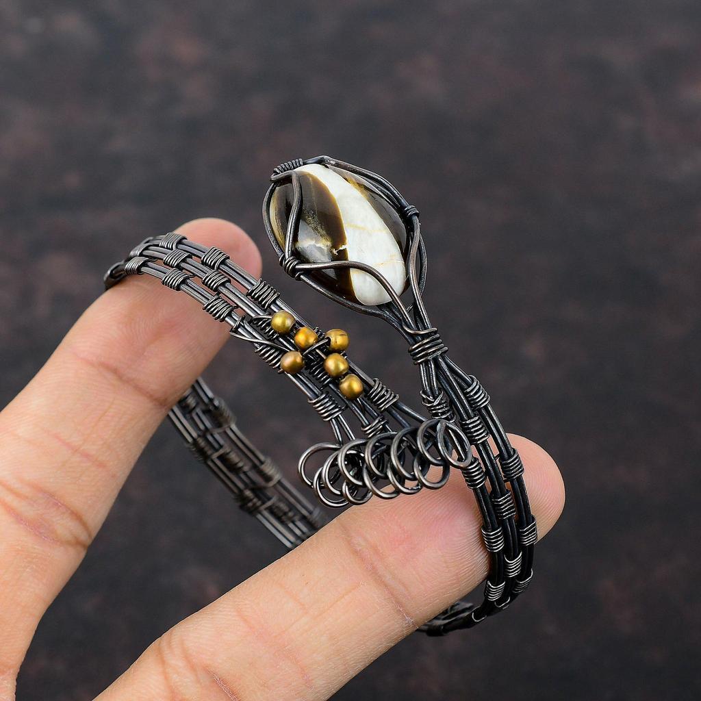 Браслет из арахисового дерева и яшмы, медная проволока, браслет-манжета, регулируемая манжета ручной работы, медная проволока, ювелирные изделия для подарков, ювелирные изделия с драгоценными камнями