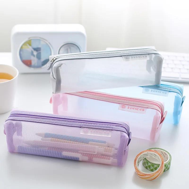 Cute Transparent Mesh Pencil Pouch High Value Student Stationery Bag Portable Multi-functional Student Supplies Storage Bag