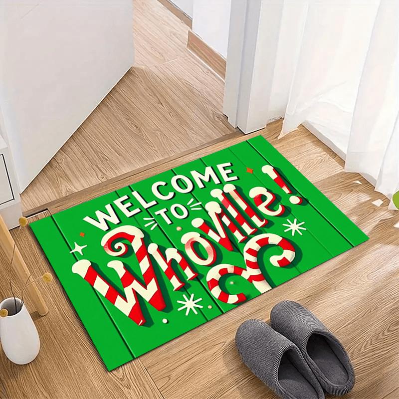 Whoville Welcome Mat Carpet, Dr. Seuss Inspired Candy Cane Stripes Anti-Slip Soft Absorbent Machine Washable for Entryway Decor
