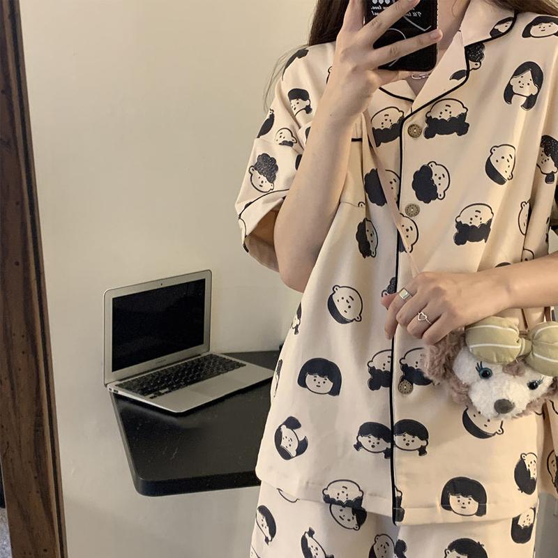 Летние пижамы, женские шорты с короткими рукавами, свободный кардиган с бантом, летний можно носить как домашний комплект одежды