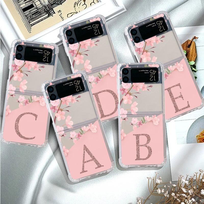 Чехол для Samsung Galaxy Z Flip 3 5G Funda Z Flip 4 Clear PC Hard Противоударный чехол для телефона с цветочным принтом и буквами розового цвета