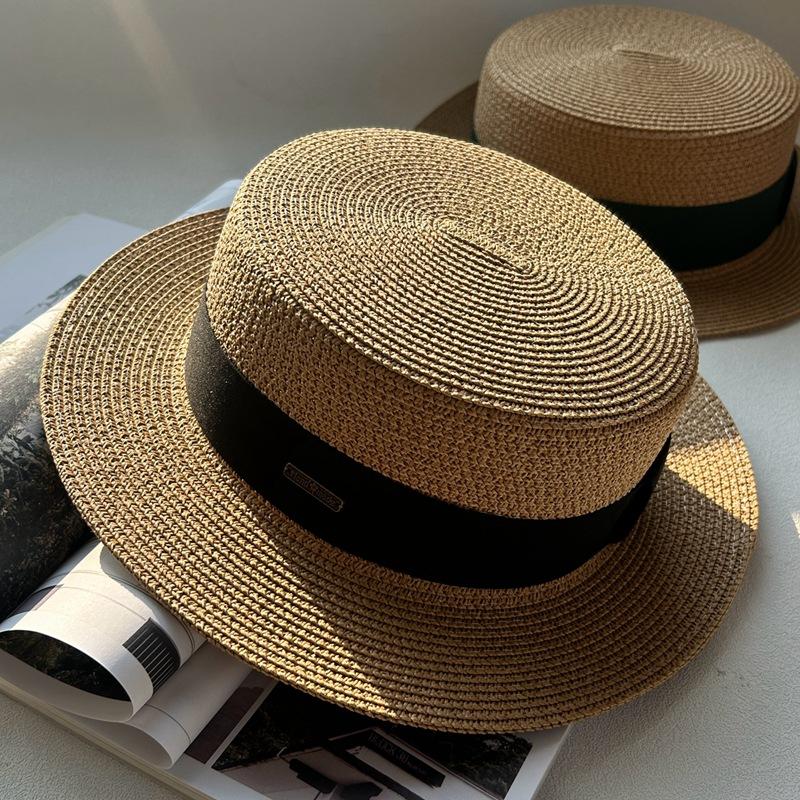 Internet celebrity straw hat children spring and summer French flat top top hat British sunshade sun protection seaside flat edge wide brim men and w