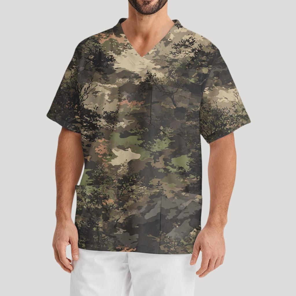 Мужская рабочая блузка с короткими рукавами и v-образным вырезом с принтом, топ с нагрудным карманом