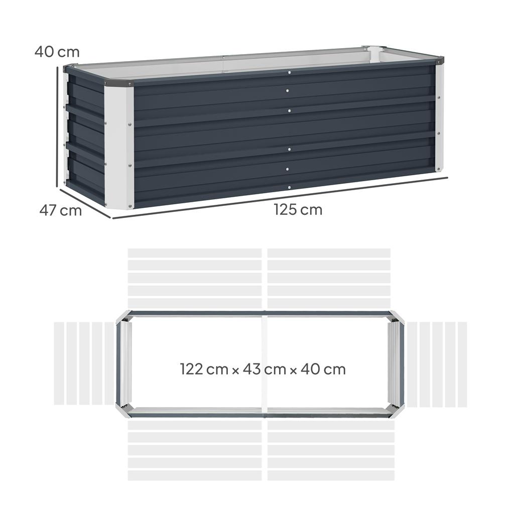 Steel raised garden bed, planter box, flower box, flower pot with gloves, charcoal gray, 125 x 47 x 44 cm