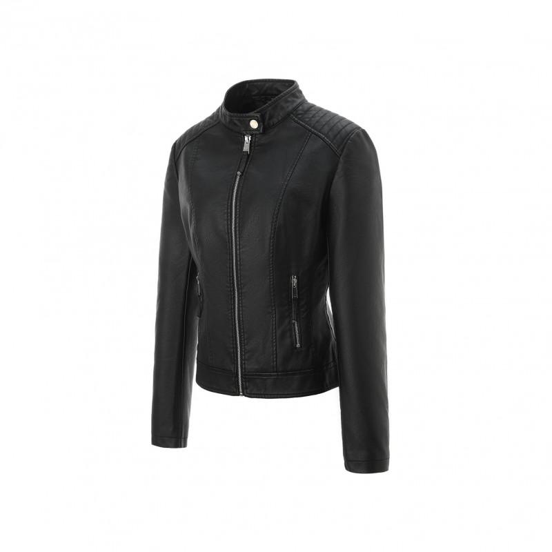 Womens Faux Leather Jacket Stand Collar Zip Up Slim Fit Black Apricot Burgundy