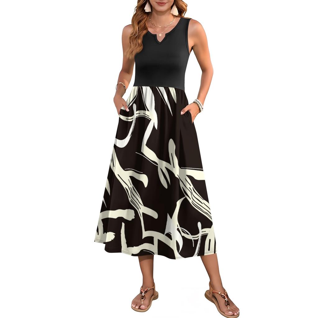 Женское платье без рукавов с цветочным принтом и высокой талией, модное и элегантное