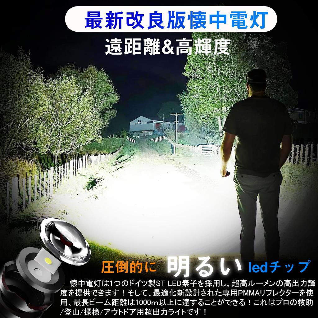 New LED Flashlight with Memory Function and LCD Display with Digital Battery Level USB IPX6 Ideal for Emergency Power First and Display. Powerful,