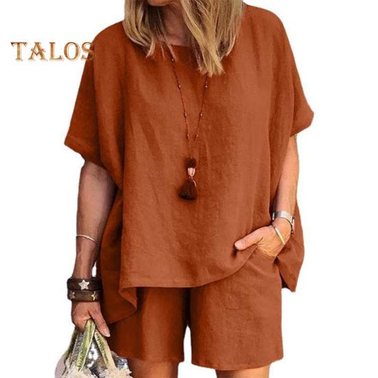 Women's Cotton Linen 2-Piece Outfit Short Sleeve Crewneck Pullover Top And Shorts Set with Pockets Summer Casual Loungewear Tracksuit