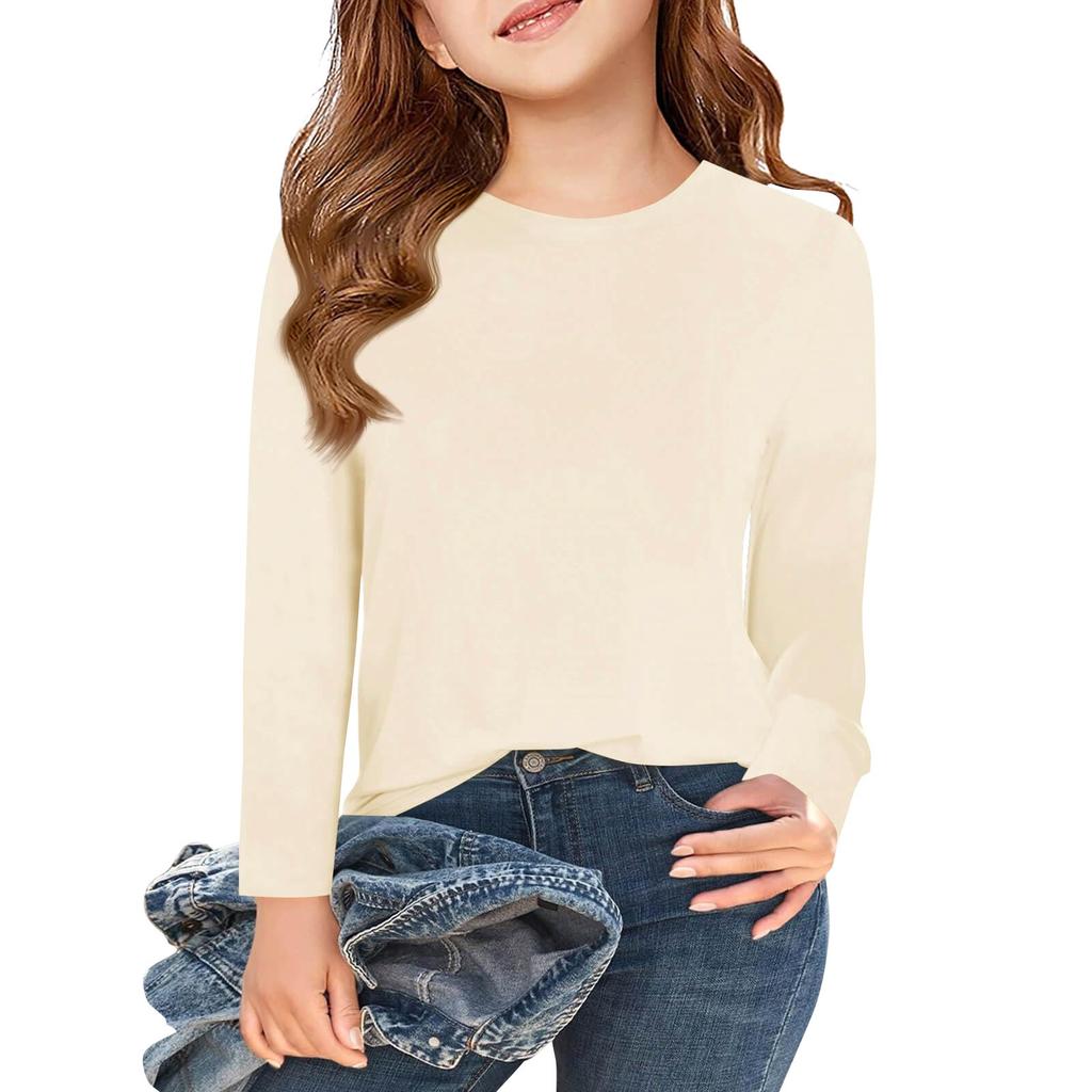 Футболки с длинным рукавом для девочек, детские осенние топы с круглым вырезом, базовые футболки для детей 5–14 лет