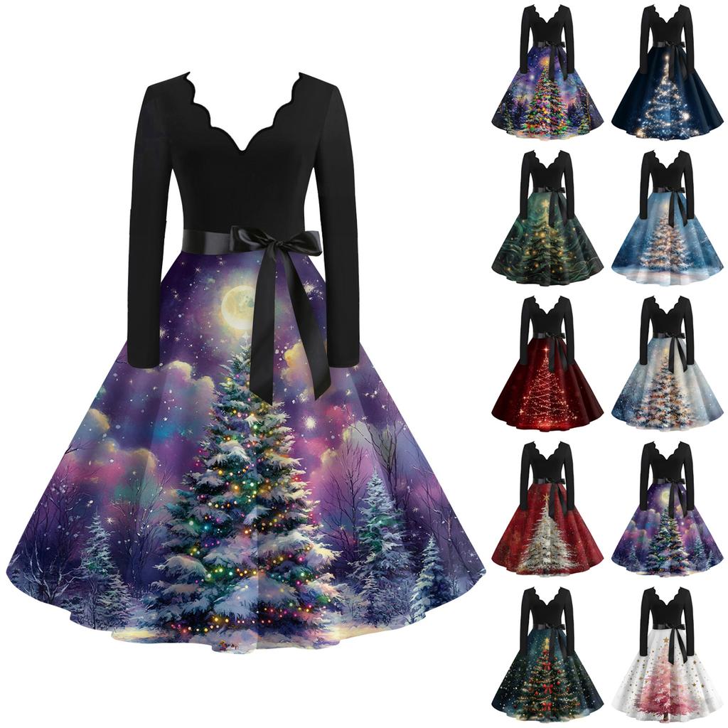 Women's Casual Fashion V Neck Long Sleeve Christmas Printed Party Vintage Long Dresses