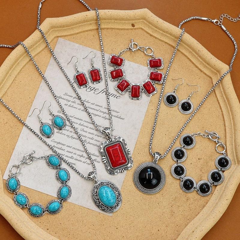 1 комплект ethnic-style сапфирового колье, серег и браслета Mizia для женщин, выполненный в ретро и уникальном стиле.