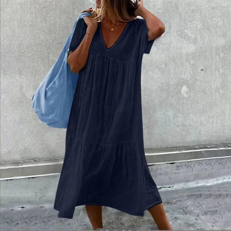 Summer Women's Round Neck Short Sleeved Mid Length Dress