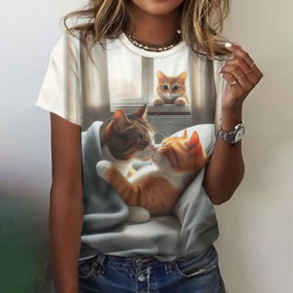 Fun Animal Pattern Women's T-shirt Cat Print Casual Short Sleeved Top