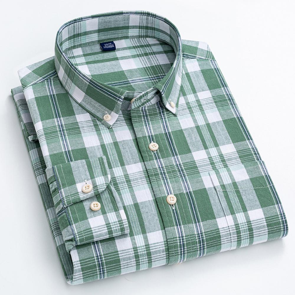 Men's Classic Fit Casual Plaid Linen Cotton Shirt Single Pocket Button-down Comfortable Soft Long Sleeve Stripe Checked Shirts