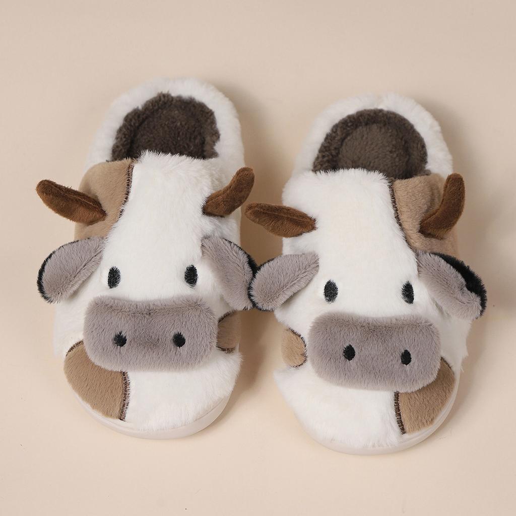 Fashion Shevalues Cute Plush Cotton Slippers For Women Winter Warm Cozy Furry Milk Cow Slides Indoor Non-slip Soft Fluffy House Slippers