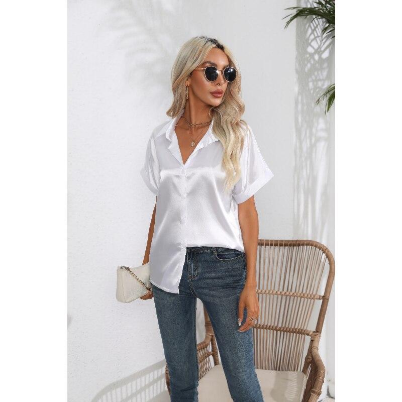 Summer Silk Shirts Women Button Up Satin Blouse Loose Office Short Sleeve Ladies Tops Casual Shirt Elegant 26103