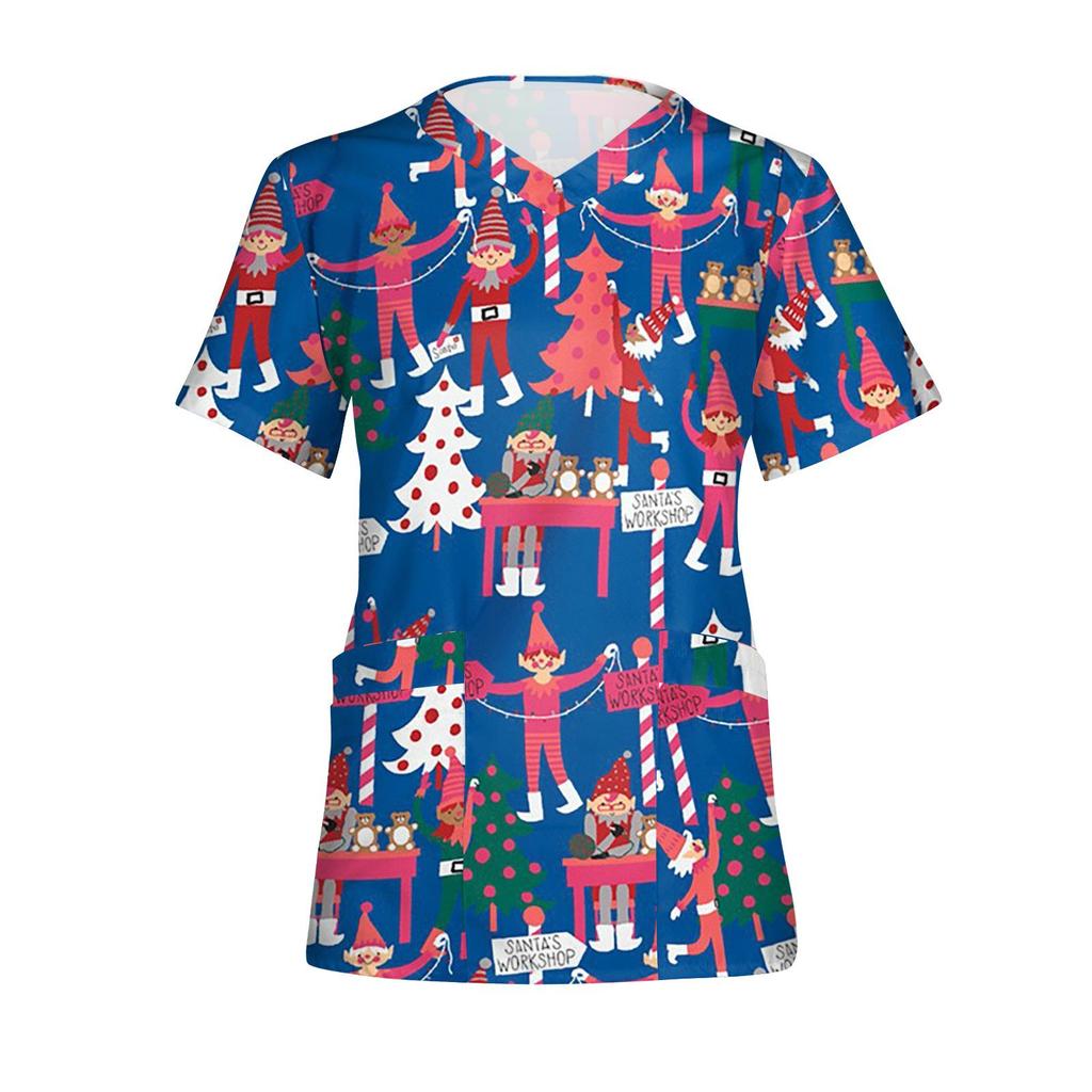 Женские топы с короткими рукавами и v-образным вырезом с рождественским принтом, рабочая блузка с карманами