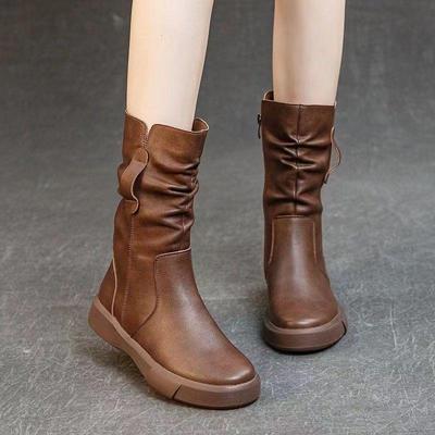 Женские ботинки Мартина из натуральной кожи большого размера до середины икры - на флисовой подкладке, на толстой подошве, теплые, коллекция осень/зима.