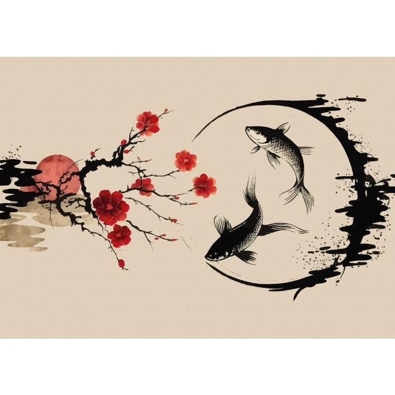 Китайский Пейзаж Птицы Лес Гора Река Карп Кои Рыба Тушь Искусство Постер Холст Живопись Настенное Искусство Принты Картина Домашний Декор