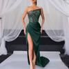 Women Evening Dress Shiny Sequin Slant Bandeau Collarless Backless Sleeveless Off Shoulder High Split Hem Slim Fit Floor Length Ball