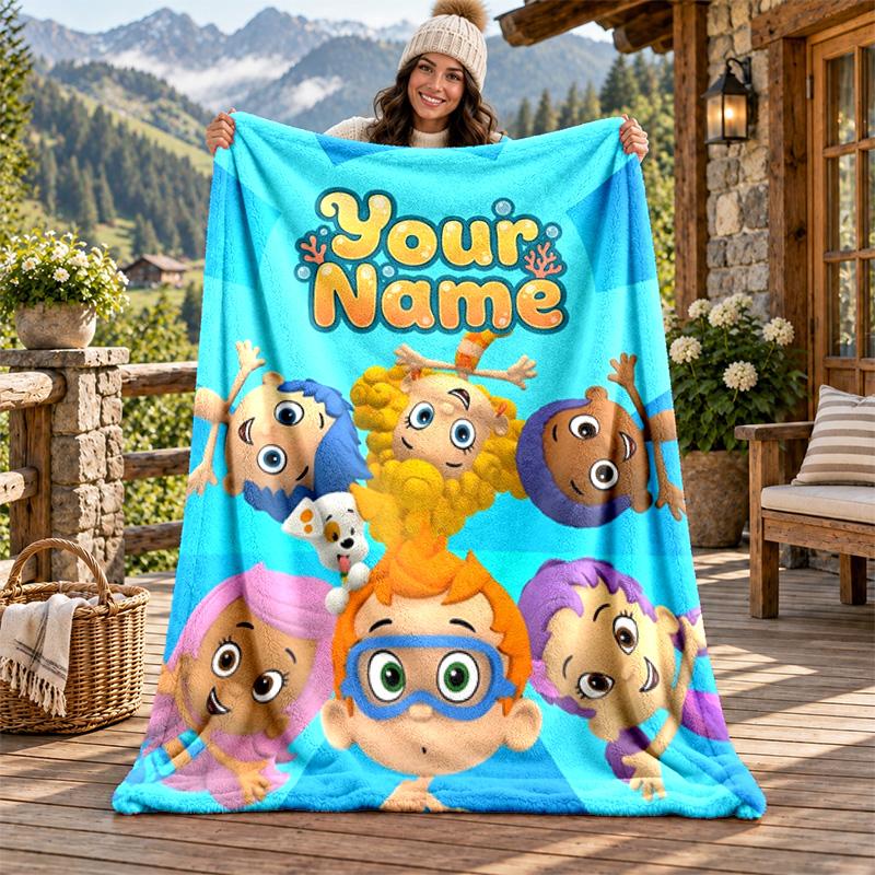 Bubble Guppies Custom Name Flannel Blanket Personalized Soft Warm Plush Throw Blanket Customized Gift for Family Friends