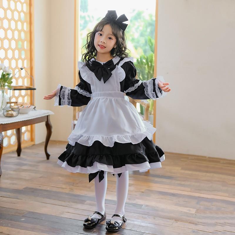 Black Alice In Wonderland Cosplay Costume Girls Halloween Party Dress Princess Outfit With Lace Bow Short Sleeve