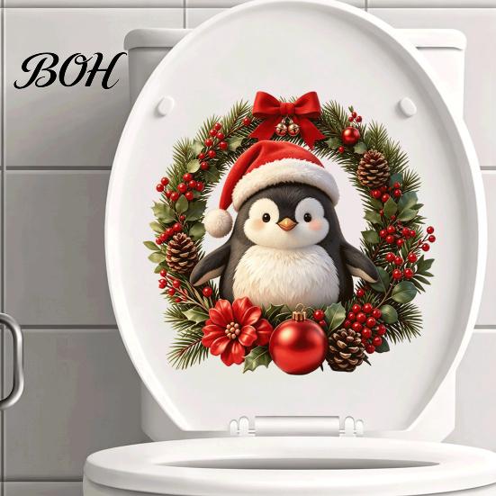 Holiday Wall Art for Bathroom Christmas Penguin Toilet Stickers, Self-Adhesive Lid Decals, Waterproof Xmas Festive Seat Decor Tank Tile Home