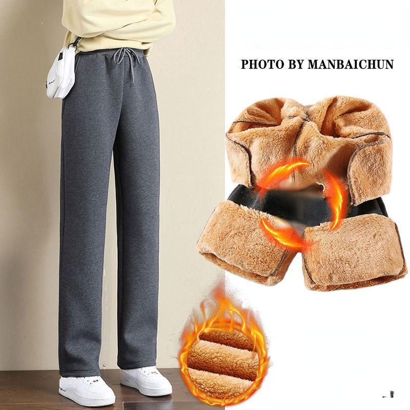 Осенне-зимние теплые брюки из ягненка, женские повседневные свободные широкие утепленные брюки, женские уличные прямые флисовые брюки