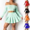 Women Long Sleeve Set Solid Color Casual Outfit Strapless Pleated Skirt Suit