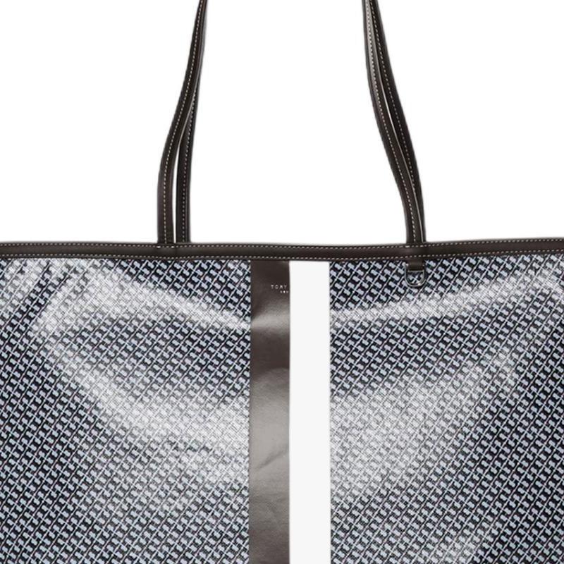 TORY BURCH RACER Striped Exterior Silver Accessories Cotton Tote Bag Hand Shoulder Bag Extra Large Women's Blue 181506-400