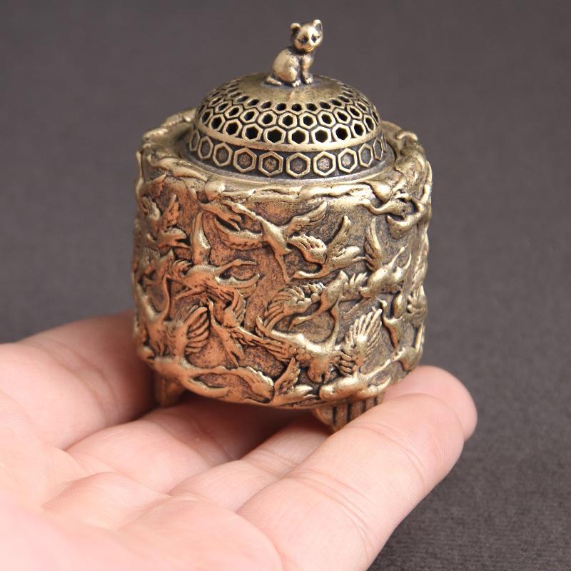 Vintage Series Antique Brass Sandalwood Incense Burner Crane Cat Cover Incense Burner Home Decoration Desk Decoration Accessories Figurines