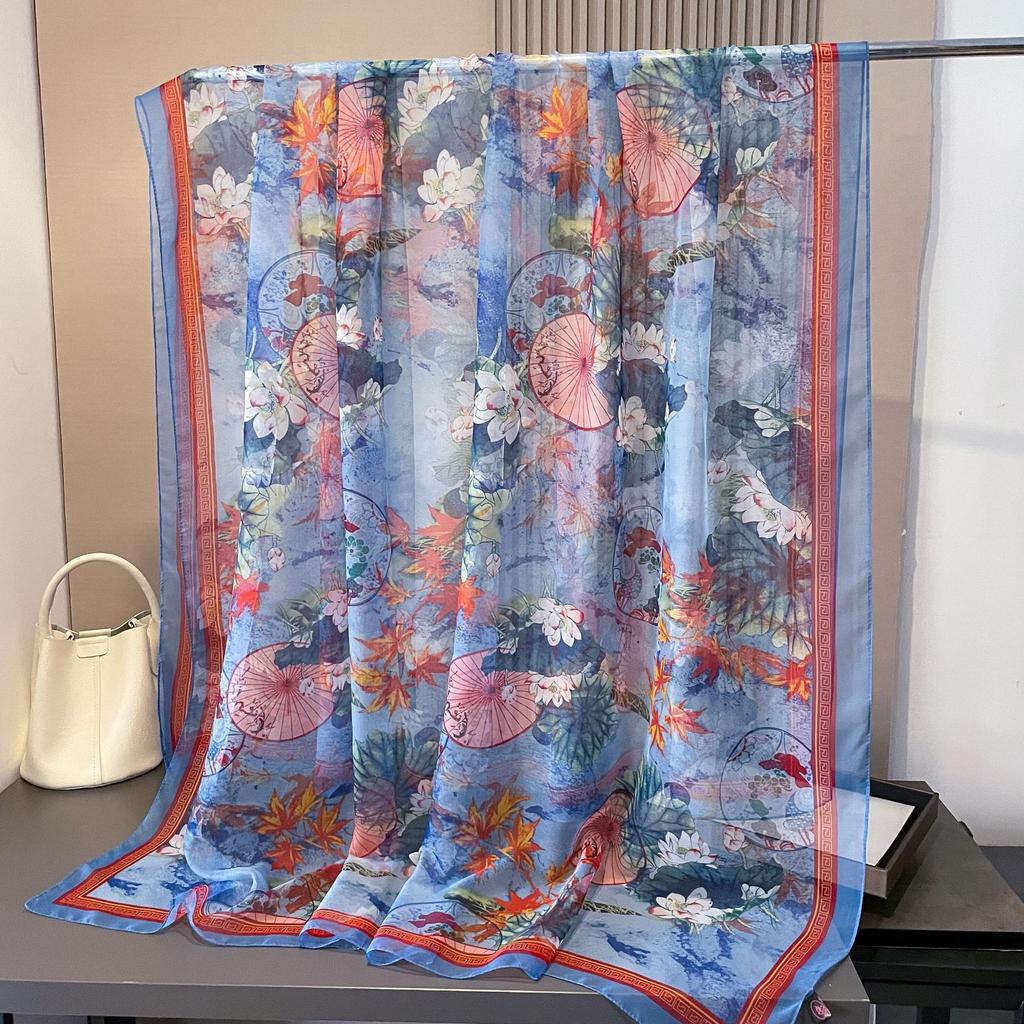 180*135cm Summer Chiffon Silk Scarf Women Outdoor Sunscreen Shawl Soft Bandanna Fashion Luxury Brand Shawl Head Long Hijab Wrap