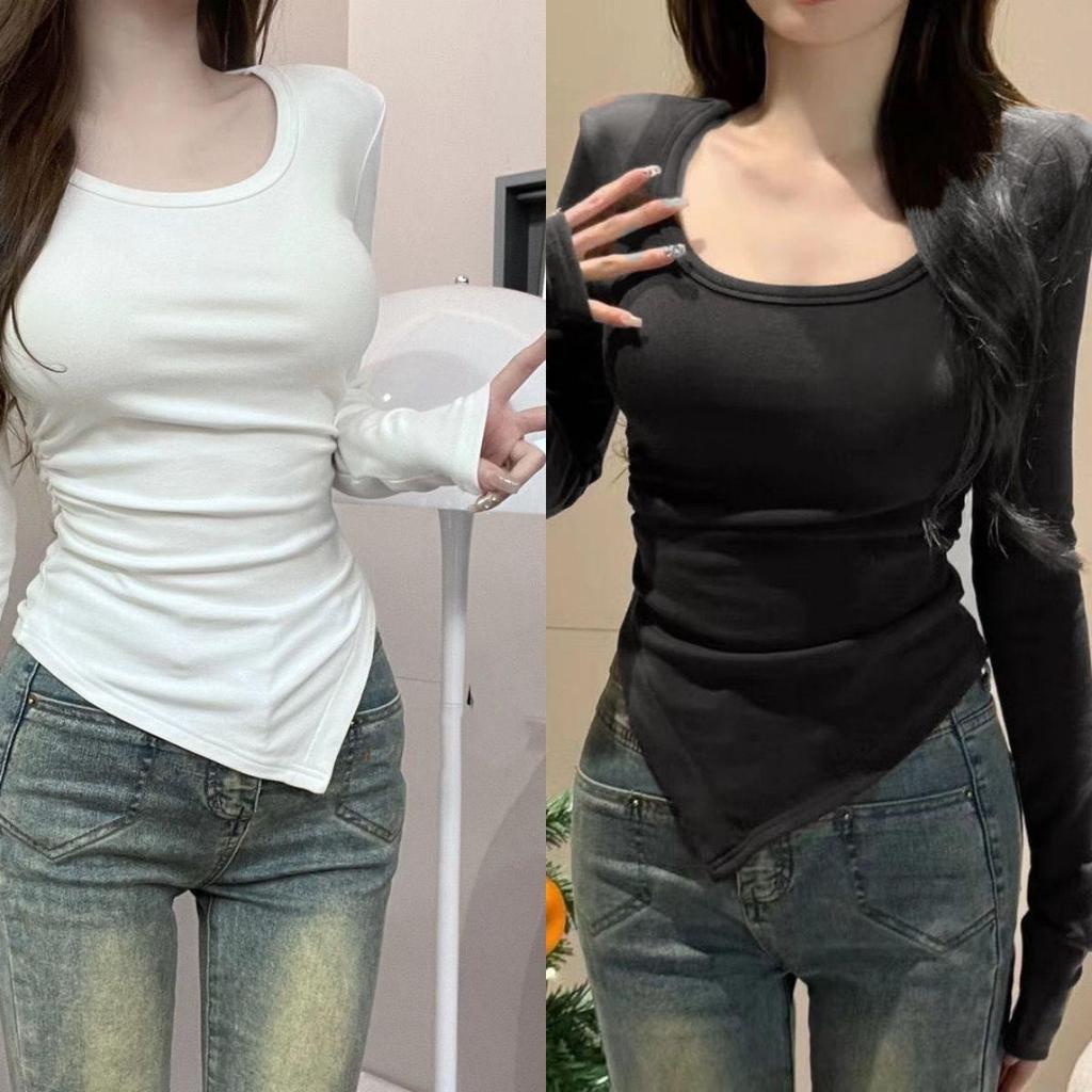 Женский топ с асимметричным разрезом, длинным рукавом и U-образным вырезом в корейском стиле - Мода весна/лето