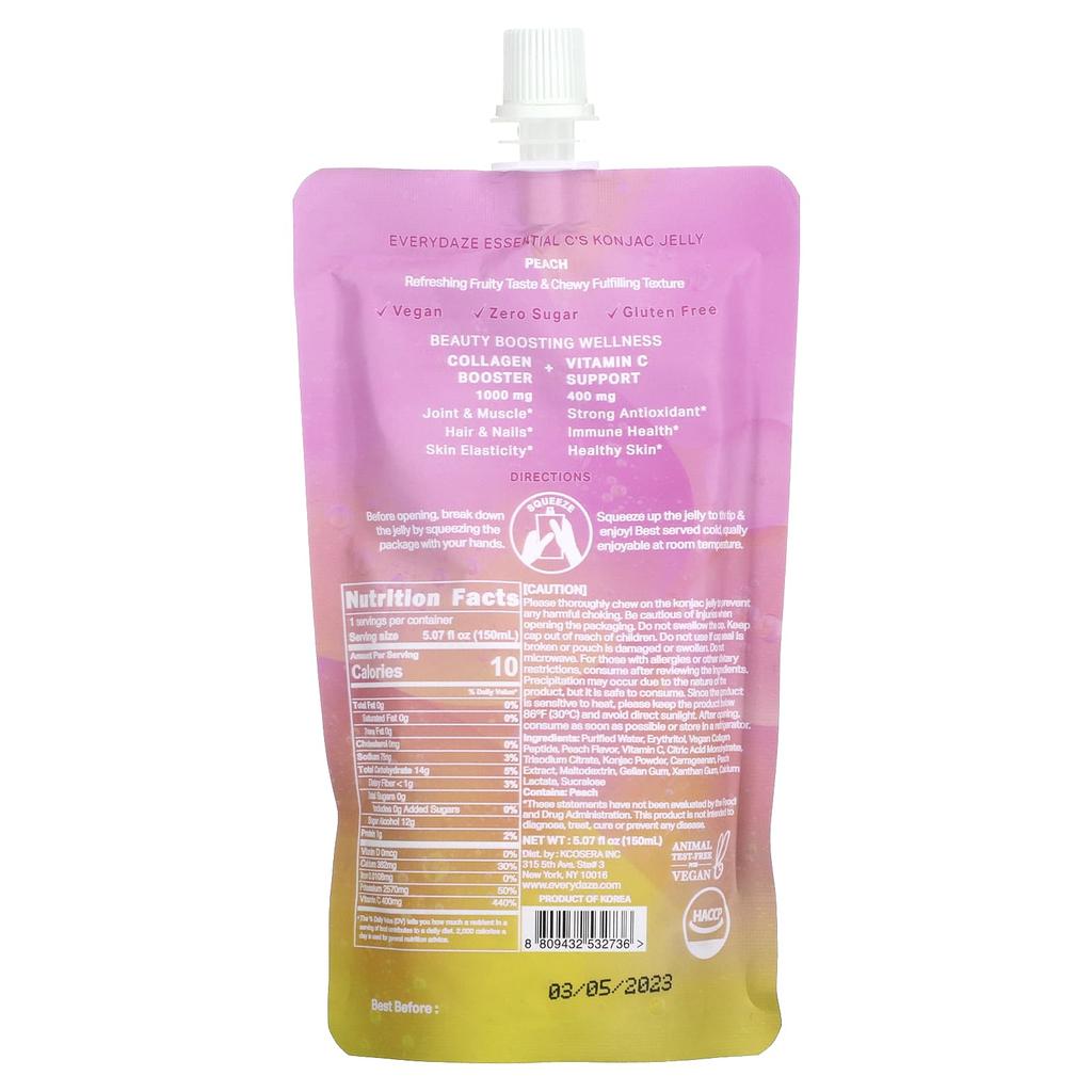 Everydaze Essential C Konjac Jelly, Peach Flavor, 5.07 Fl Oz (150 Ml)