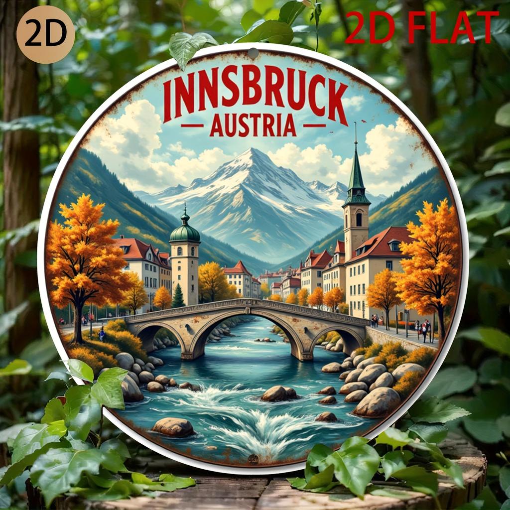 D Flat Innsbruck Austria D Flat Circular Tin Metal Sign Retro Landscape Wall Art with Iconic Austrian Scenery Aluminum F