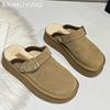 Замшевые женские туфли на плоской подошве из хлопка на платформе короткие плюшевые повседневные мюли 2025 года трендовые домашние теплые уютные зимние зимние ботинки для женщин