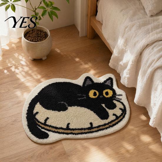Anti-slip Floor Mat Plush Bathroom Rug, Non-Slip Absorbent Fluffy Mat, Cute Sturdy Black Cat Door for Entrance Bedroom Living Room Wear-resistant