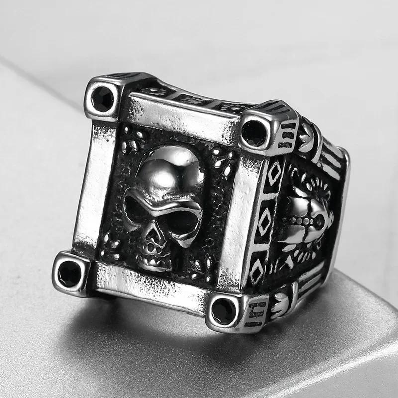 Vintage Gothic Jewelry Square Skull Biker Stainless Steel Rings for Men's Sizes 7-12