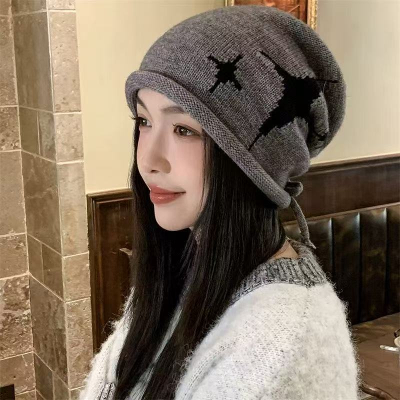 Hat Women's Autumn and Winter Baotou Hat Star Drawstring Stacking Hat Small Wool Hat Warm and Cold Knitted Curling