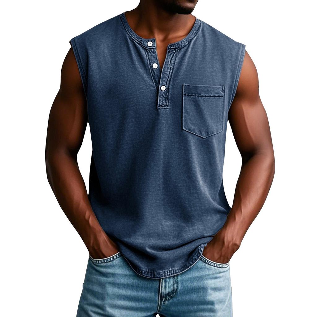 Men's Summer Solid Color Pocket Sports Buttons Vest Men's Sports Casual Vest